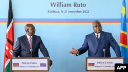 Democratic Republic of Congo President Felix Tshisekedi, right, speaks during a joint press conference with Kenyan President William Ruto at the Palace of the Nation in Kinshasa, Democratic Republic of Congo, on Nov. 21, 2022.