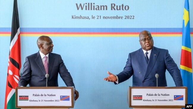 Democratic Republic of Congo President Felix Tshisekedi, right, speaks during a joint press conference with Kenyan President William Ruto at the Palace of the Nation in Kinshasa, Democratic Republic of Congo, on Nov. 21, 2022.