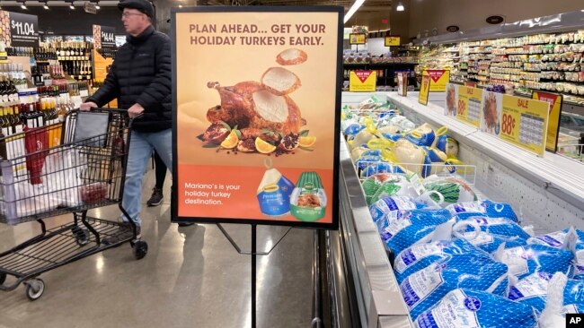 A man shops at a grocery store in Glenview, Illinois, Nov. 19, 2022. Americans are bracing for a costly Thanksgiving this year, with double-digit percent increases in the price of turkey, potatoes, stuffing, canned pumpkin and other staples.