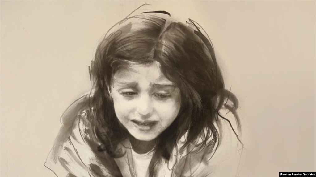 طرحی از باوان، دختر فرشته احمدی از کشته‌شدگان اعتراضات در کردستان؛ طراح: نغمه افشین‌جاه