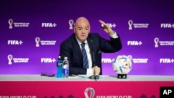 FIFA President Gianni Infantino speaks at a press conference Nov. 19, 2022 in Doha, Qatar.