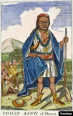 "Philip, King of Mount Hope", from Benjamin Church's "The Entertaining History of King Philip's War," line engraving, colored by hand, by American engraver and silversmith Paul Revere.