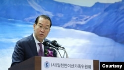 권영세 한국 통일부 장관이 8일 이북5도청에서 열린 제41회 이산가족의 날 행사에서 격려사를 하고 있다. (한국 통일부 제공)