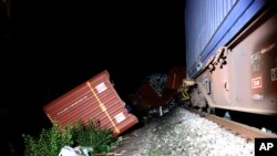 Site of a train collision near Novska, Croatia, Sept. 10, 2022. A passenger train and freight train collided Friday night in central Croatia, causing some deaths and injuries.