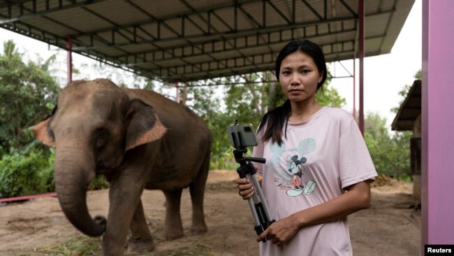 FILE - Elephant owner Siriporn Sapmak, 23, poses while holding her gear used for social media live-streaming outside her house, at Ban Ta Klang village in Surin, Thailand April 6, 2022.