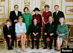 FILE - Britain's Prince Harry, Diana, Princess of Wales, Prince William, Charles, Prince of Wales, Queen Elizabeth II, King Constantine of Greece, Lady Susan Hussey, Princess Alexandra, Natalia Grosvenor, the Duchess of Westminster, and Lord Romsey pose for an official portrait in the white drawing room at Windsor Castle, Britain, March 9, 1997, after Prince William's confirmation at St Georges Chapel. (Pool via REUTERS/File Photo)