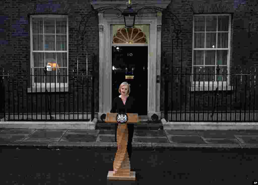 British Prime Minister Liz Truss makes a statement regarding the death of Queen Elizabeth II outside Downing Street in London, Sept. 8, 2022.