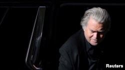 Former U.S. President Donald Trump's White House chief strategist Steve Bannon arrives to surrender at the Manhattan District Attorney's Office in Manhattan, New York City.