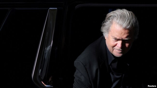 FILE - Former U.S. President Donald Trump's White House chief strategist Steve Bannon arrives to surrender at the Manhattan District Attorney's Office in Manhattan, New York City.