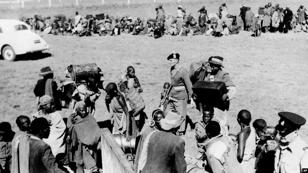 Members of the Lancashire Fusiliers, King's African Rifles, Kenya Police and Kenya Police Reserve and Government Officers, force the evacuation of Kikuyu men, women and children who are accused of squatting on European farms in Kenya on Nov. 30, 1952.