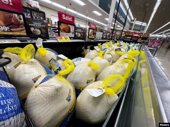 FILE: Turkeys are displayed for sale at a Jewel-Osco grocery store ahead of Thanksgiving, in Chicago, Illinois, Nov. 18, 2021.