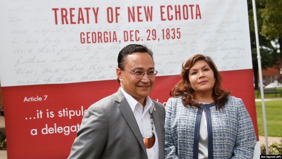 FILE - Cherokee Nation Principal Chief Chuck Hoskin Jr. and delegate designate Kimberly Teehee , Tahlequah, Okla., Thursday, Aug. 22, 2019. 