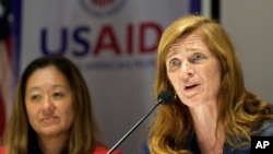 USAID Administrator Samantha Power, right, speaks as US ambassador to Sri Lanka Julie Chung watches during a media conference in Colombo, Sri Lanka, Sept. 11, 2022.