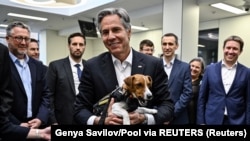 Menteri Luar Negeri AS Antony Blinken memegang anjing pelacak ranjau darat, Jack Russell Terrier Patron selama kunjungannya ke rumah sakit anak-anak di Kyiv, Ukraina 8 September 2022. (Genya Savilov/Pool via REUTERS)