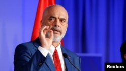FILE - Albanian Prime Minister Edi Rama talks during the Open Balkan Summit meeting in North Macedonia, June 8, 2022. On Sunday, he arrived in Israel for a three-day visit that includes meeting with Israeli cyber defense officials.