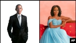 This combination of photos shows the official White House portraits of former President Barack Obama, by artist Robert McCurdy, and former first lady Michelle Obama, by artist Sharon Sprung, during a ceremony in the East Room of the White House, Sept. 7, 