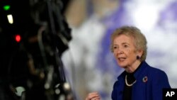 FILE - Mary Robinson, former Irish President, speaks during an interview at the COP26 U.N. Climate Summit in Glasgow, Scotland, Nov. 11, 2021.