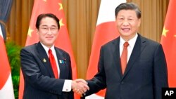 Japanese Prime Minister Fumio Kishida, left, and Chinese President Xi Jinping shake hands during their meeting on the sidelines of the Asia-Pacific Economic Cooperation forum, Nov. 17, 2022, in Bangkok.