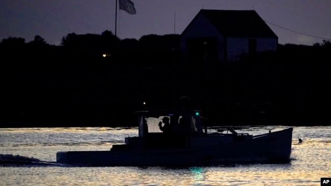 A man on a lobster fishing boat drinks his coffee while heading out to sea before dawn, Thursday, Sept. 8, 2022, off of Kennebunkport, Maine. (AP Phot6o/Robert F. Bukaty)