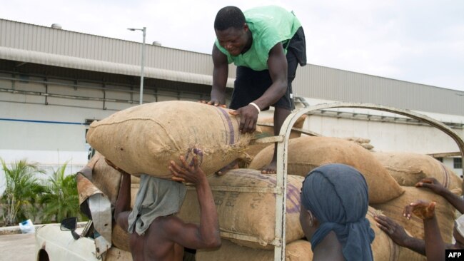 FILE - Workers remove bags of cashew nuts from a truck outside the Fludor plant in Zogbodomey, Benin, on March 29, 2019. Benin is one of Africa's main cashew producers and a new industrial zone there is processing cashews locally instead of exporting them for processing.