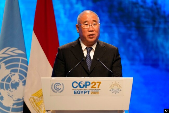 FILE - Xie Zhenhua, China's special envoy for climate, speaks at the COP27 U.N. Climate Summit, in Sharm el-Sheikh, Egypt, Nov. 8, 2022.