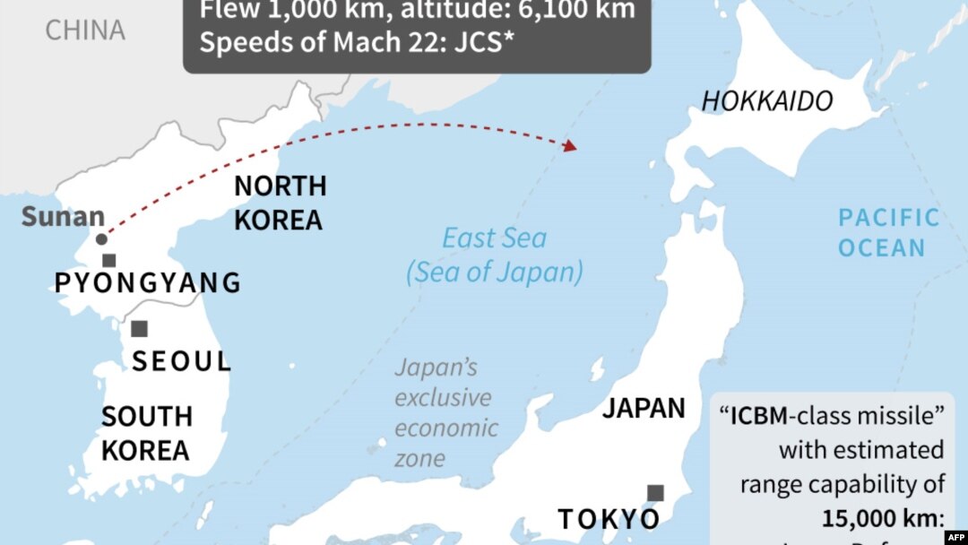 Tên lửa đạn đạo xuyên lục địa (ICBM) mà Triều Tiên phóng từ khu vực Sunan, Bình Nhưỡng, vào khoảng 10h15 sáng ngày 18/11/2022 đã rơi xuống vùng đặc quyền kinh tế (EEZ) của Nhật Bản, cách 200 km về phía tây Oshima.