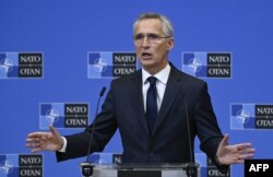 FILE - NATO Secretary-General Jens Stoltenberg speaks at NATO headquarters in Brussels, Nov. 16, 2022.