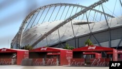 Beer kiosks are pictured at the Khalifa International Stadium in Doha, Qatar, on Nov. 18, 2022, ahead of the 2022 World Cup soccer tournament.