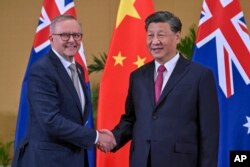 Perdana Menteri Australia Anthony Albanese (kiri) bertemu Presiden China Xi Jinping di sela-sela KTT G-20 di Nusa Dua, Bali, 15 November 2022. (Foto: via AP)