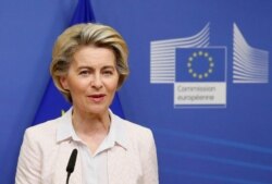 FILE - European Commission President Ursula von der Leyen gives a statement regarding Brexit talks at the European Commission in Brussels, Belgium, Dec. 5, 2020.