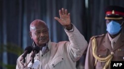 FILE: Ugandan President Yoweri Museveni speaks at the State House in Nairobi on April 8, 2022