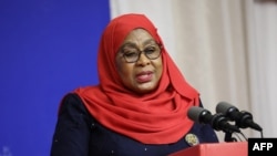 Tanzanian President Samia Suluhu Hassan addresses a press conference after her meeting with U.S. Vice President Kamala Harris in Dar es Salaam, Tanzania, March 30, 2023.