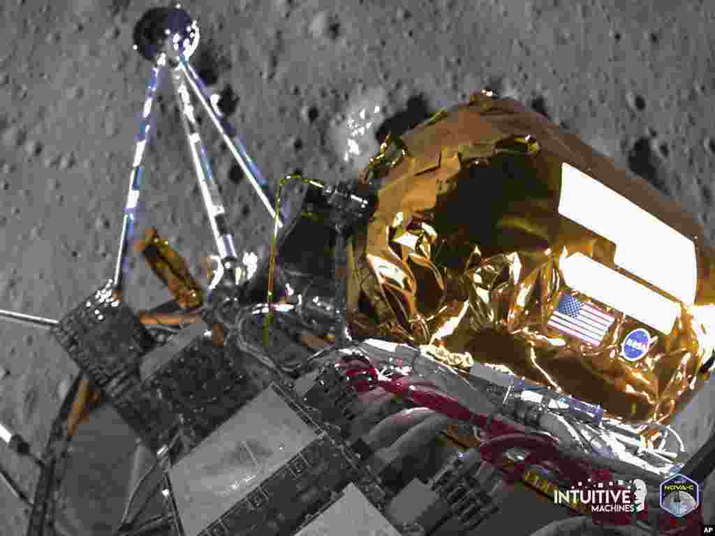 This image provided by Intuitive Machines shows its Odysseus lunar lander over the south pole region of the Moon.&nbsp;The toppled lunar lander is still beaming back pictures of the moon, as its nears the final hours of its life.