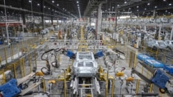 A car frame is being welded by robots at a Vinfast factory in Hai Phong, Vietnam on Sept. 29, 2023. 