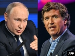 This combination of file pictures created on Feb. 6, 2024, shows Russian President Vladimir Putin, left, on Jan. 31 in Moscow, and Tucker Carlson in West Palm Beach, Florida, July 15, 2023.