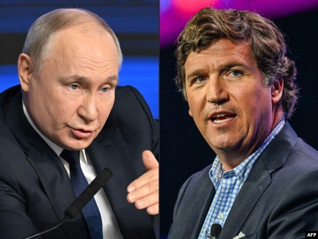 This combination of file pictures created on Feb. 6, 2024, shows Russian President Vladimir Putin, left, on Jan. 31 in Moscow, and Tucker Carlson in West Palm Beach, Florida, July 15, 2023.