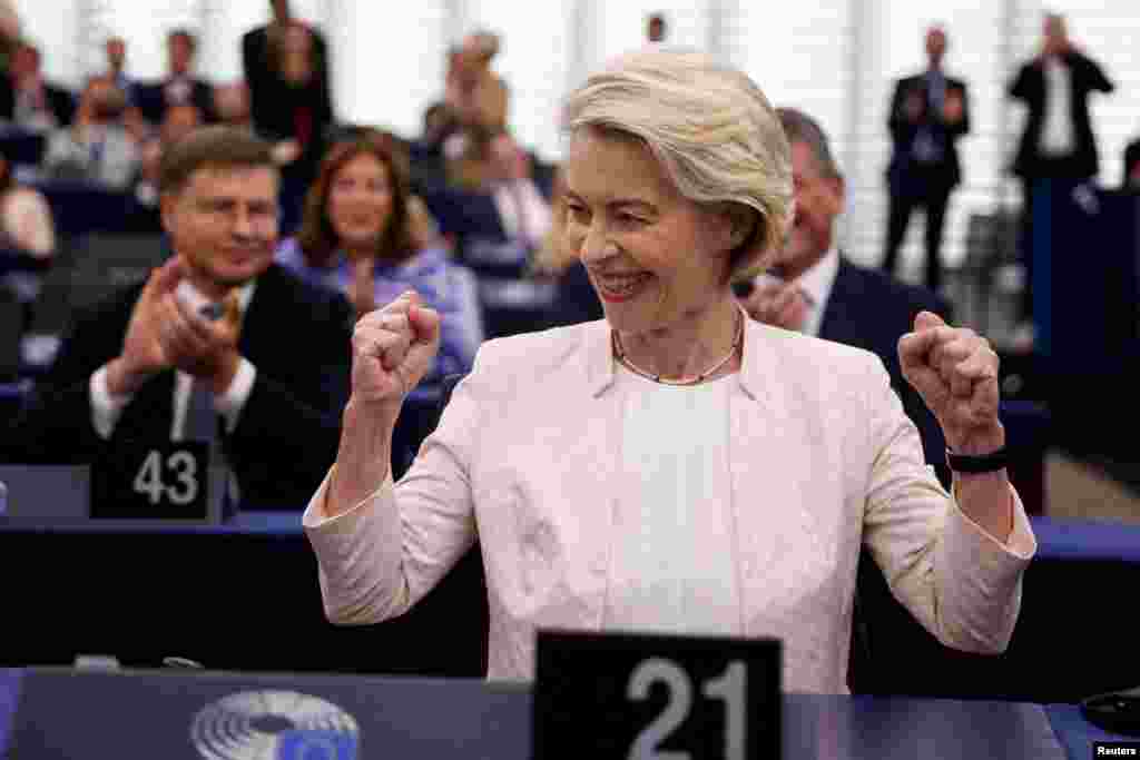 Ursula von der Leyen reacts after being chosen President of the European Commission for a second term, at the European Parliament in Strasbourg, France.
