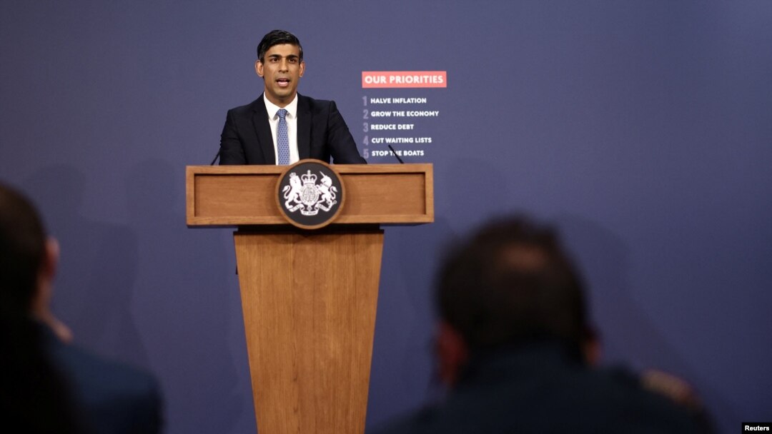 Britain's Prime Minister Rishi Sunak speaks at a press conference on public sector pay at Downing Street in London, Britain, July 13, 2023.
