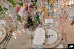 Tables are decorated during a press preview at the White House in Washington, on April 9, 2024, for the state dinner for Japan's Prime Minister Fumio Kishida on April 10, 2024.