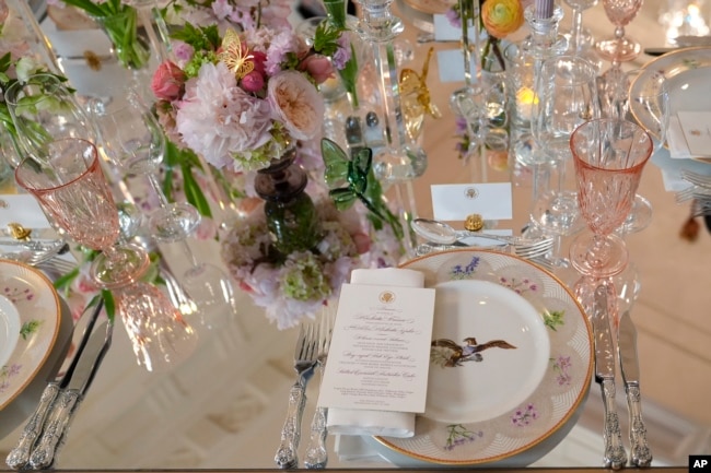 Tables are decorated during a press preview at the White House in Washington, on April 9, 2024, for the state dinner for Japan's Prime Minister Fumio Kishida on April 10, 2024.