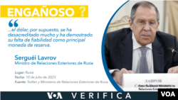 Serguéi Lavrov, ministro de Relaciones Exteriores de Rusia, difunde discurso engañoso sobre situación del dólar estadounidense.