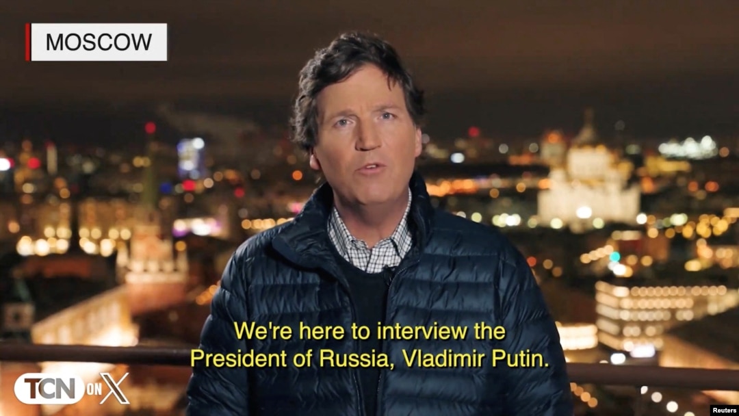 U.S. media personality Tucker Carlson speaks about his interview with Russian President Vladimir Putin in Moscow, Russia, in this still image from video released Feb. 6, 2024. (Tucker Carlson Network via Reuters)