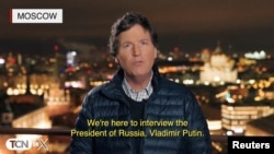 U.S. media personality Tucker Carlson speaks about his interview with Russian President Vladimir Putin in Moscow, Russia, in this still image from video released Feb. 6, 2024. (Tucker Carlson Network via Reuters)