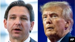 ARCHIVO - Esta combinación de fotografías muestra al gobernador de Florida, Ron DeSantis, hablando el 21 de abril de 2023 en Oxon Hill, Maryland, izquierda, y al expresidente Donald Trump hablando el 4 de marzo de 2023 en National Harbor en Oxon Hill, Maryland.