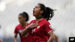 FILE - Costa Rica's Raquel Rodriguez celebrates after scoring the opening goal against Panama during a CONCACAF Women's Championship soccer match in Monterrey, Mexico, July 5, 2022. 