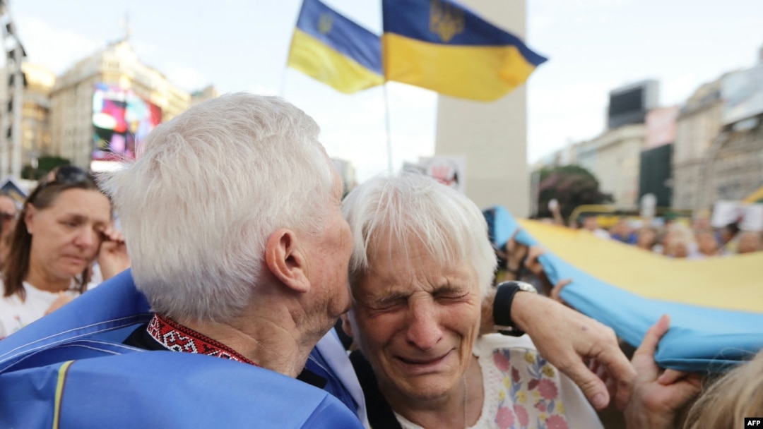 Pro-Ukraine demonstrators take part in a rally commemorating the second anniversary of the Russian invasion of Ukraine at the Obelisk in Buenos Aires, Argentina, Feb. 24, 2024.