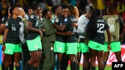 Les joueuses nigérianes célèbrent leur victoire lors du Mondial féminin contre l'Australie et le Nigeria, Brisbane le 27 juillet 2023.