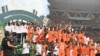 Equipa da Costa do Marfim celebra a vitória sobre a Nigéria no Estádio Alassane Ouattara, Abidjan, 11 fevereiro 2024