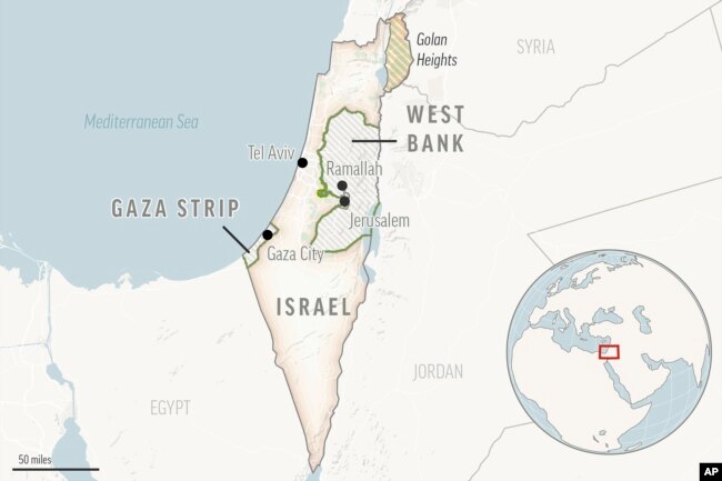 Locator map of Israel and the Palestinian territories.