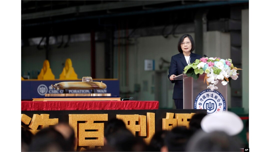 Taiwan's President Tsai Ing-wen speaks during the launching ceremony for domestically made submarines at CSBC Corp.'s shipyards in Kaohsiung, Taiwan, Sept. 28, 2023.